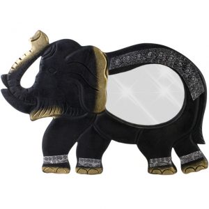 Happy Elephant Mirror. Side on perspective, walking elephant with mirror portion and metal silver plate decor and gold spot finishing touches. Beautiful and very very happy