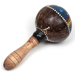 Turned wooden hande and coconut maracas