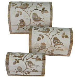 Bird Design - Dome Box Chests - White Wash - Set Of 3