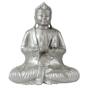 Solid Handcarved 30cm Wooden Sitting Buddha - Silver Finish - PRAYING.