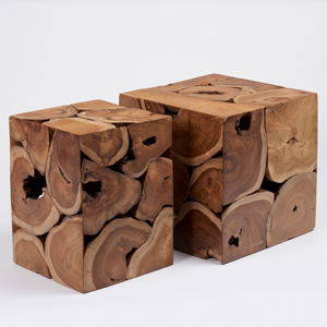 Set of 2 Modern Stylish Teak Cube Stools 30x30&40x40