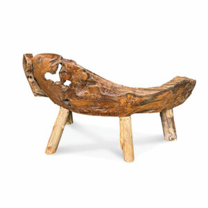 rear view of large teak root bench hsnd carved